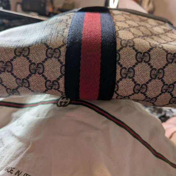 Gucci Vintage Ophidia Sherry Line GG Monogram Supreme  Navy Blue Red Web Clutch - Picture 5 of 14